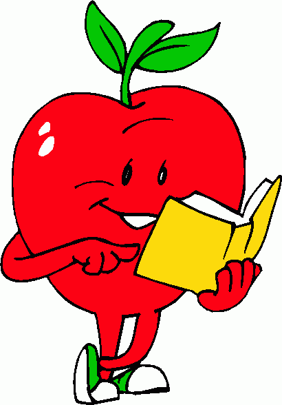 A smiling red apple character with green leaves reads a yellow book, wearing sneakers and pointing at the page.