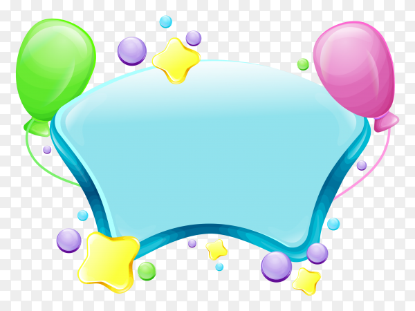 Festive light blue speech bubble with green and pink balloons, yellow stars, and purple bubbles on transparent background.