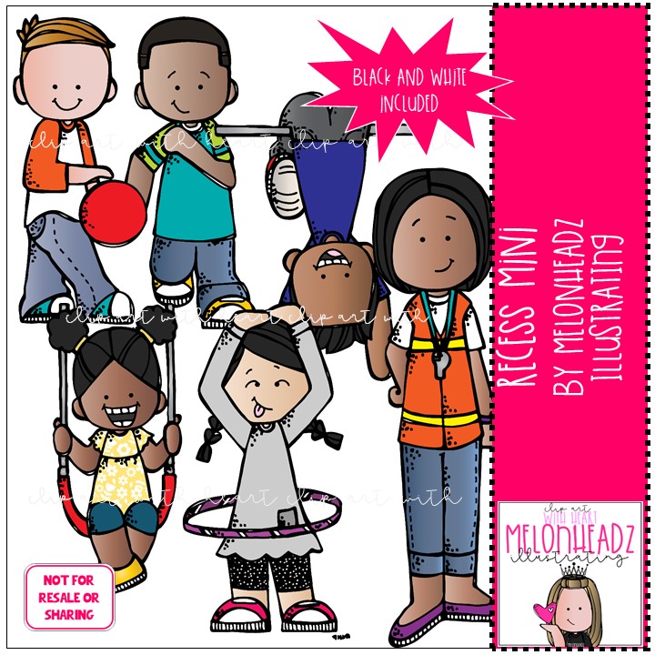 Diverse group of children playing with hula hoop, jump rope, ball, and scooter; adult supervisor in safety vest; black and white version included.