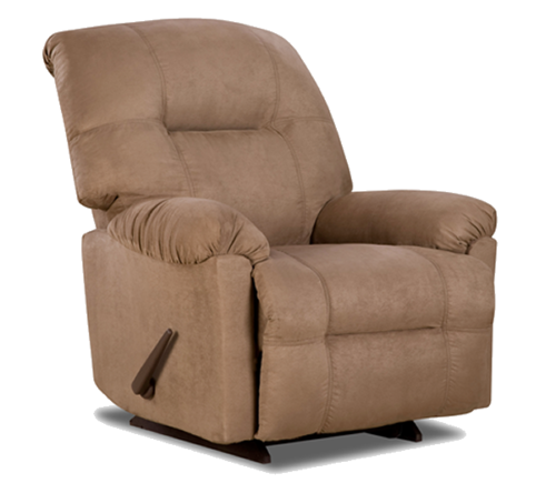 Beige microfiber recliner chair with manual lever, padded armrests, and swivel base on white background.