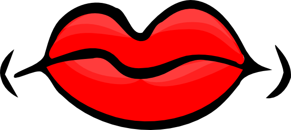 Vibrant red cartoon lips with glossy finish and black outline, slightly parted with motion lines suggesting a kiss or speech.
