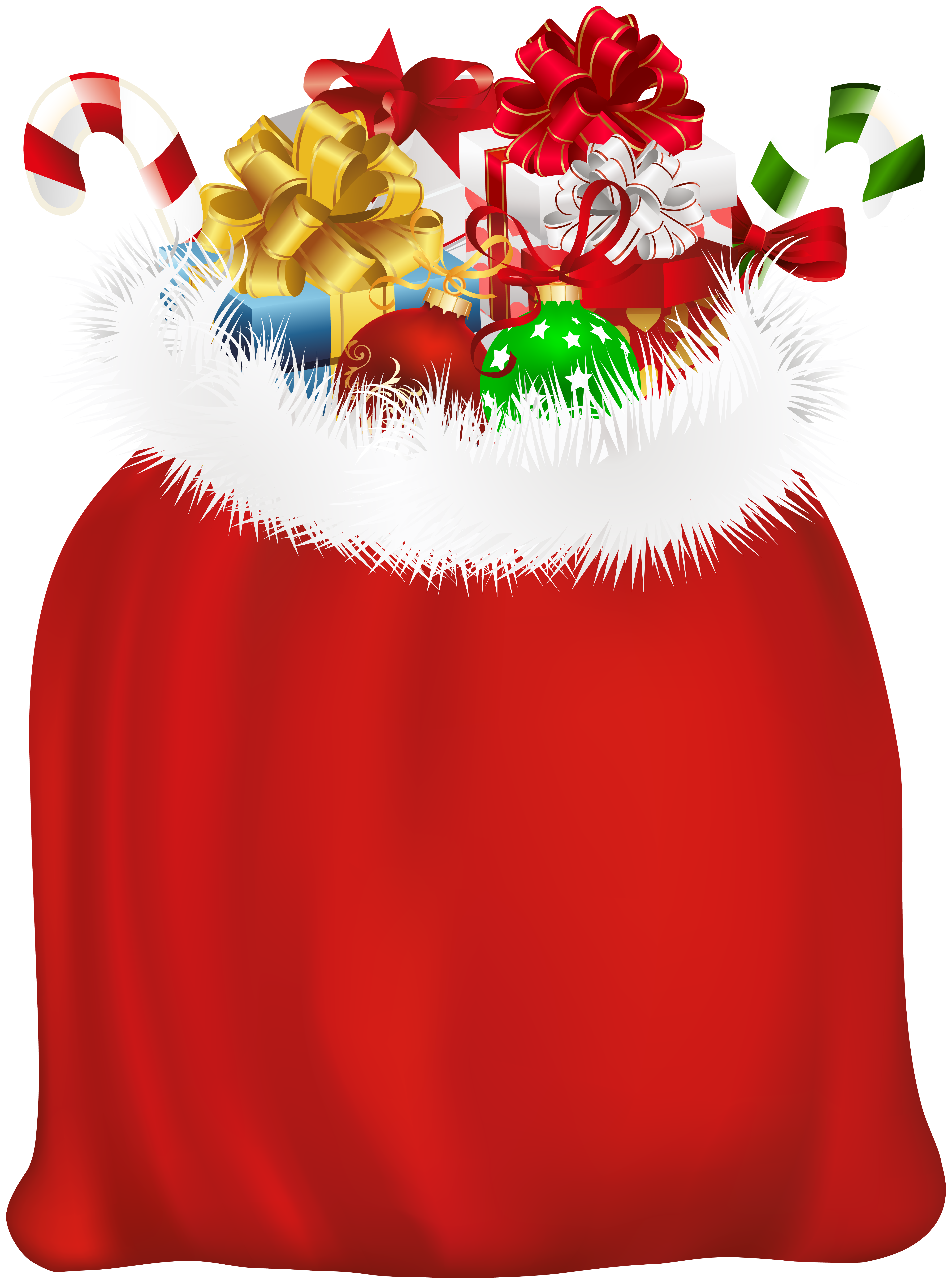 Red Christmas stocking overflowing with gifts, ornaments, and festive bows.