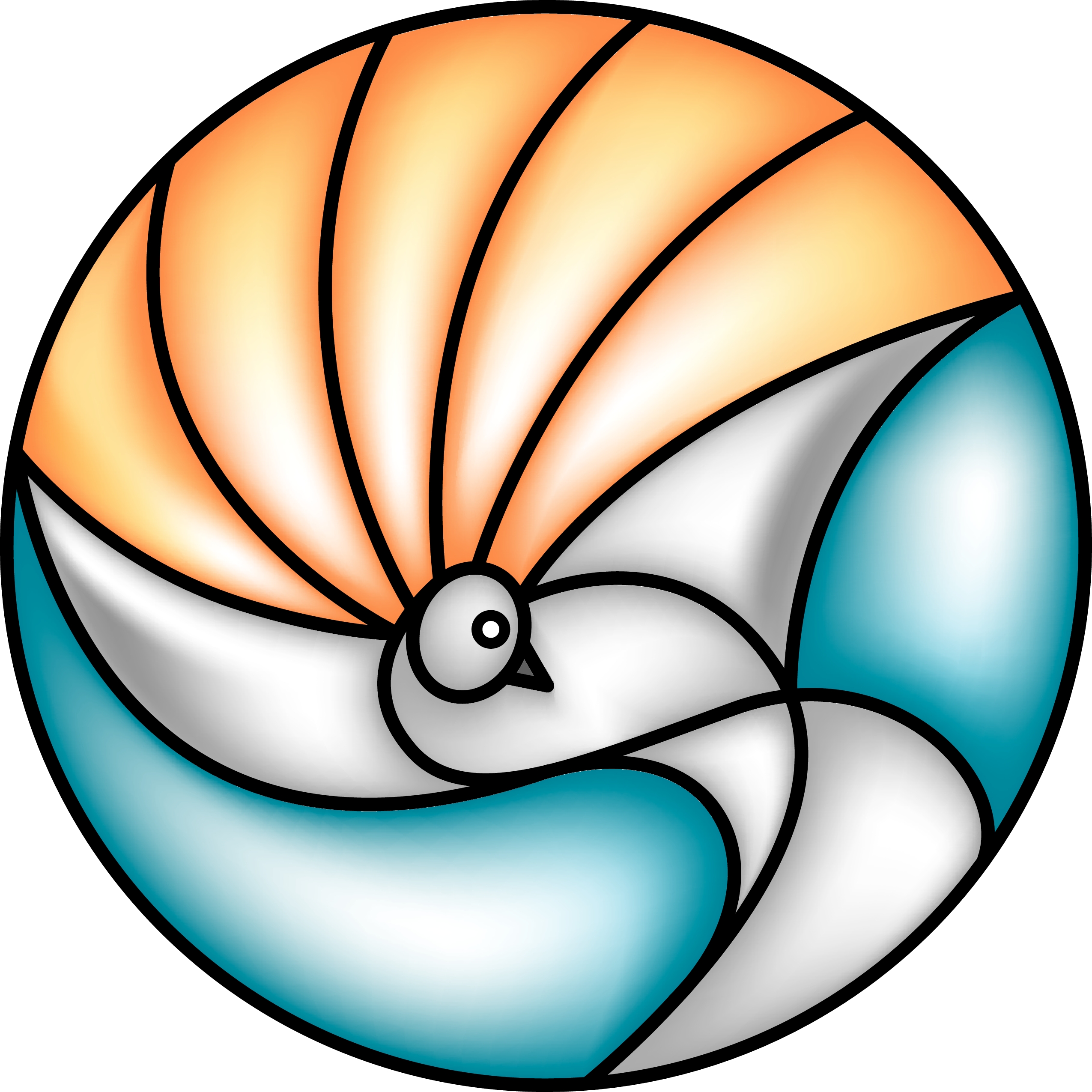 Stylized dove with orange, white, and teal wings forming a circular, harmonious design symbolizing peace and unity.