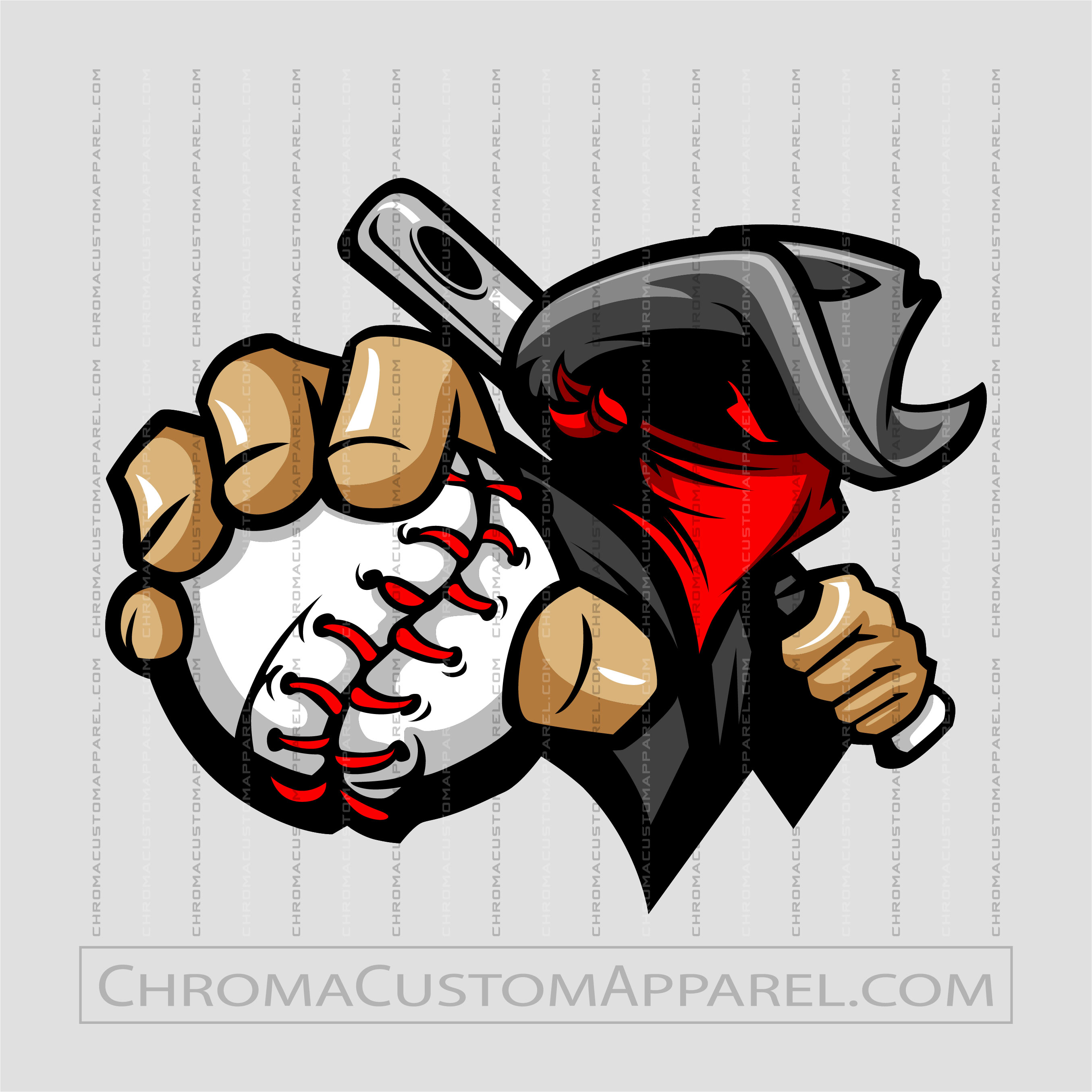 Cartoon ninja baseball mascot gripping a bat and ball, wearing red bandana and black hood.