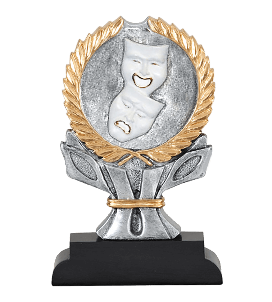 Silver and gold theatrical award trophy featuring comedy and tragedy masks within a laurel wreath.