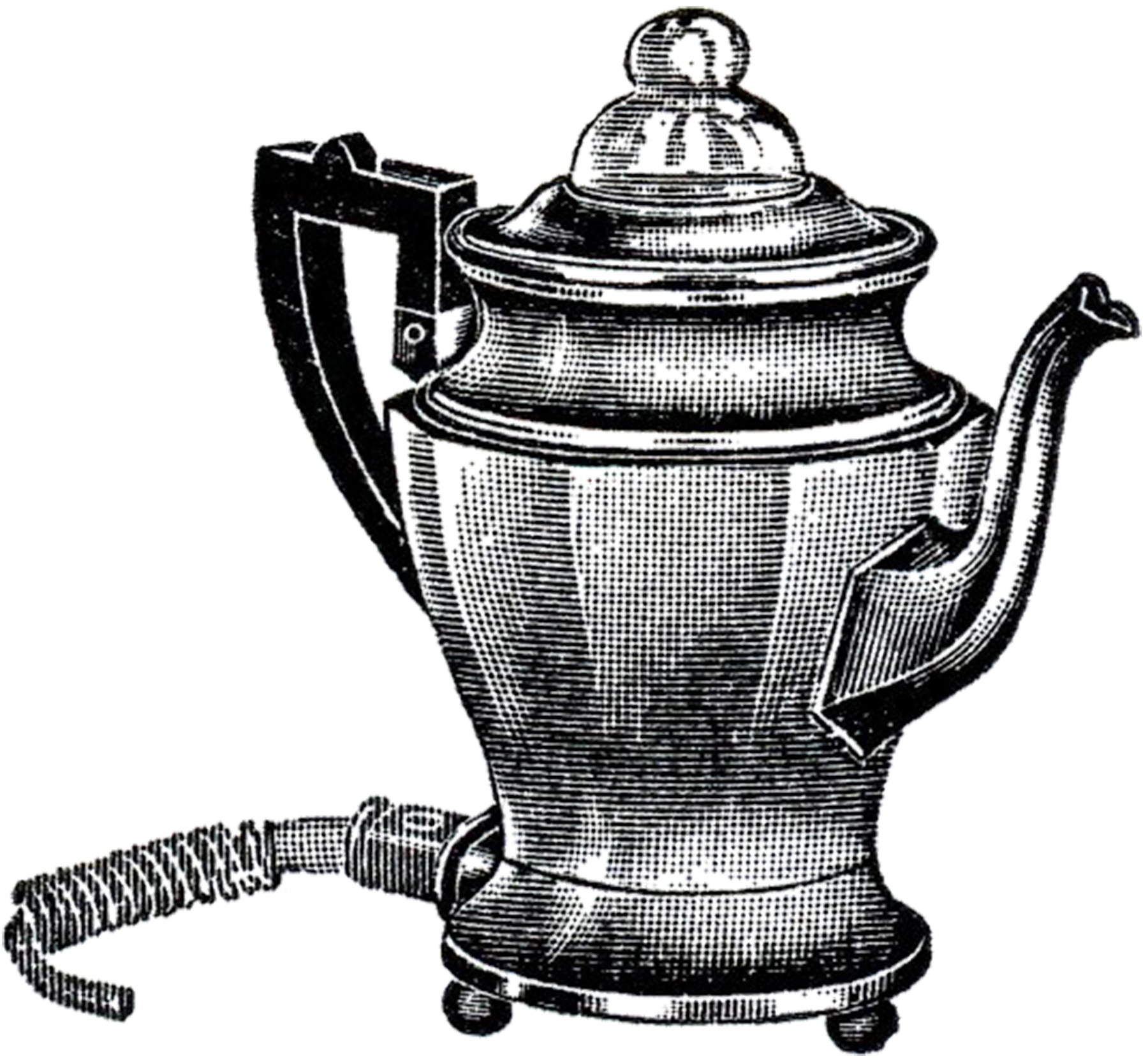 Vintage electric percolator coffee pot with coiled cord, lid, and wooden handle, rendered in halftone illustration style.