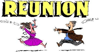 Cartoon of a joyful woman in purple and a man in brown running toward each other with "REUNION" in bold yellow letters above.