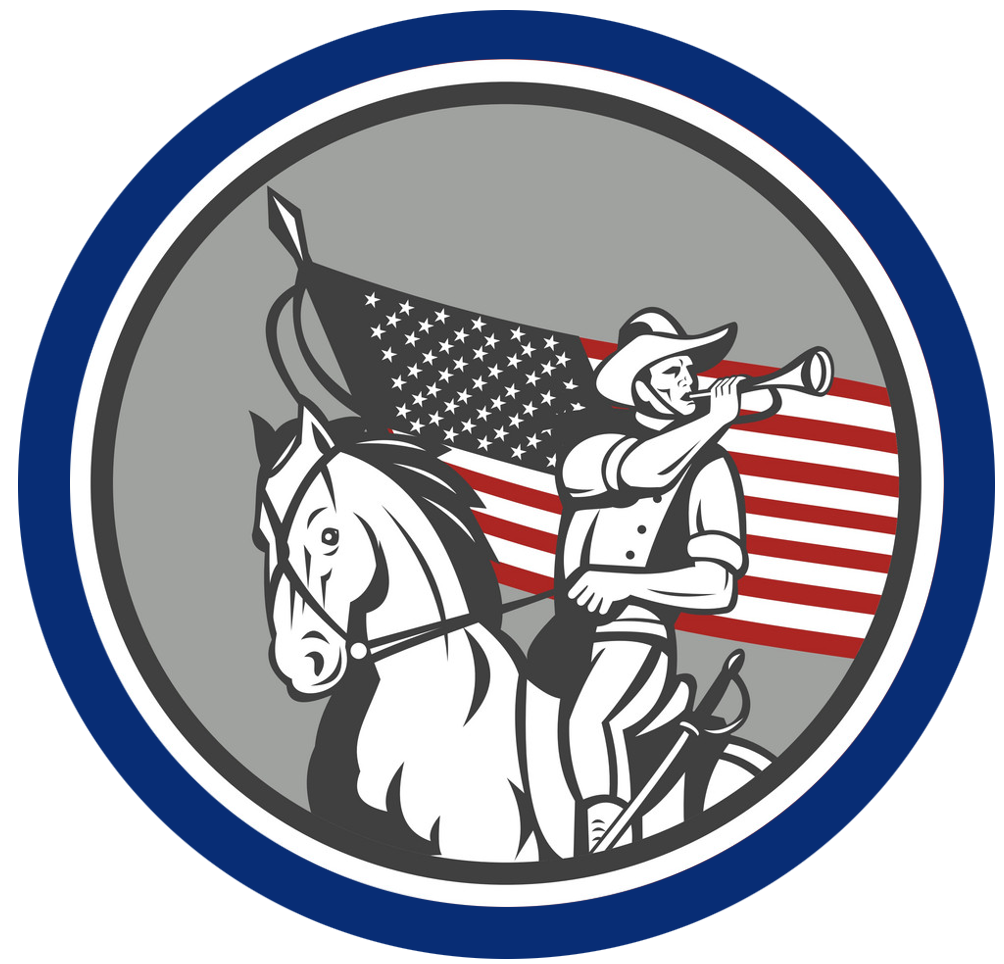 Cowboy on horseback blowing a bugle with American flag in background, circular emblem design.