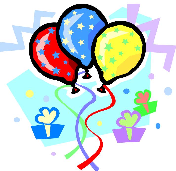 Three colorful star-patterned balloons with ribbons and gift boxes in a festive celebration scene.