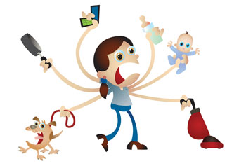 Stressed multitasking woman with multiple arms juggling baby, phone, vacuum, dog, and pan.