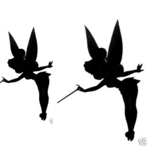 Two black silhouette illustrations of Tinker Bell in flight, one holding a wand, both with large wings and dynamic poses.