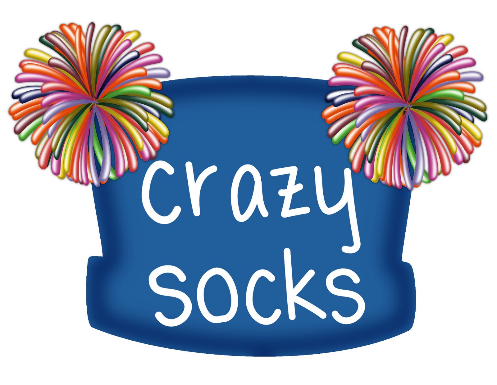 Blue beanie with "Crazy Socks" text and colorful pom-poms on top.