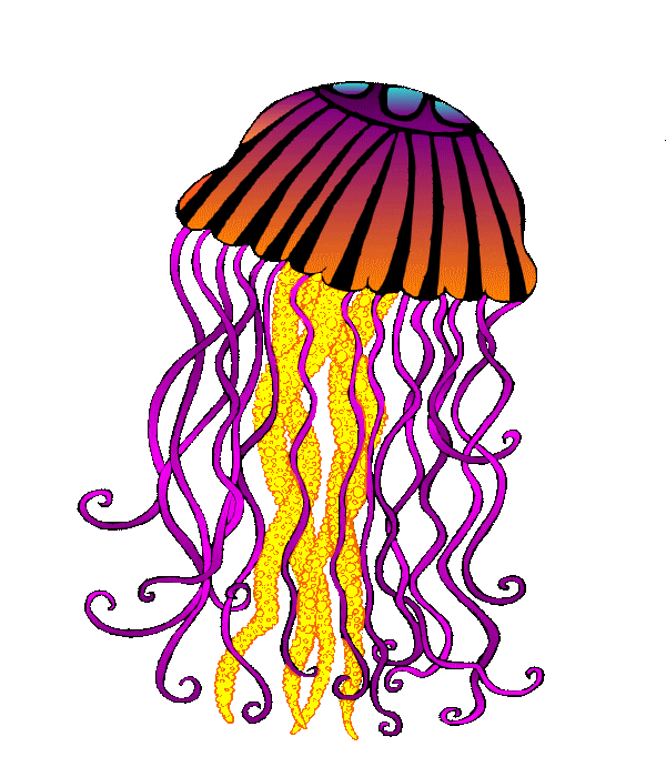 Vibrant stylized jellyfish with purple-orange bell, yellow tentacles with bubbles, and swirling magenta arms on green background.