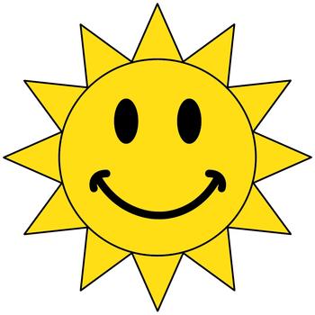 Bright yellow smiling sun with black eyes and curved smile, radiating triangular rays.