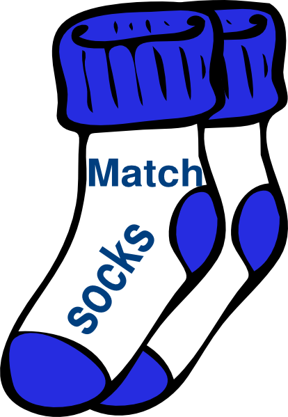 A pair of white socks with blue cuffs, heels, and toes, labeled "Match Socks" in blue text.