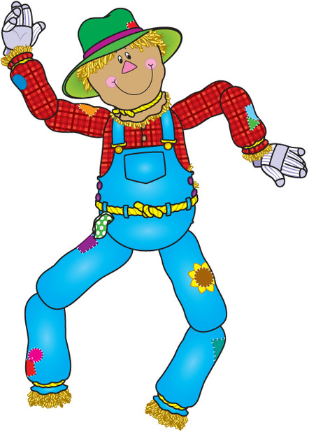 Cheerful cartoon scarecrow in green hat, red plaid shirt, blue overalls with patches, waving and dancing.