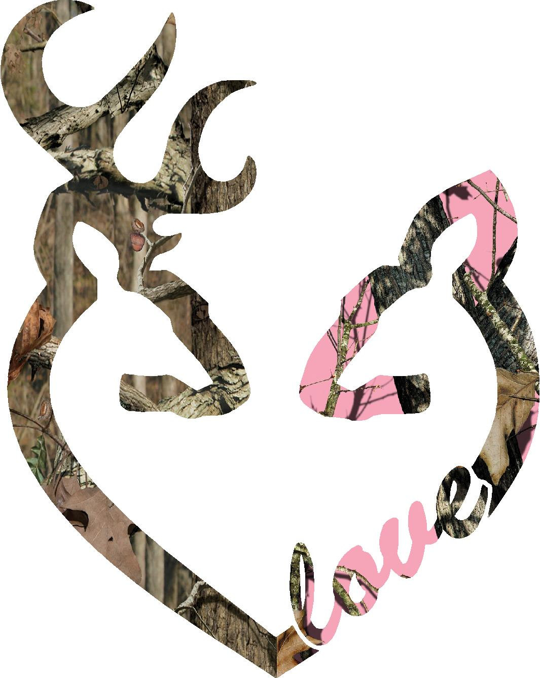 Heart-shaped deer antler logo with camouflage and pink accents, featuring the word "love" in cursive.