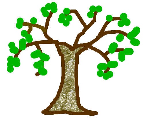 Hand-drawn green-leafed tree with brown trunk and branches, stylized illustration.
