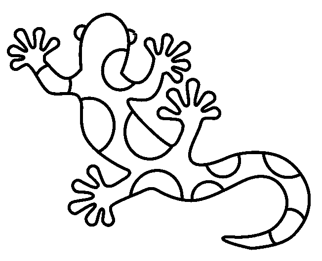 Black-and-white line drawing of a cartoon gecko with splayed toes and spotted tail, posed mid-climb.