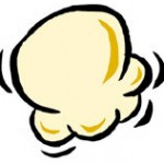 A cartoon-style illustration of a single fluffy popcorn kernel with motion lines indicating popping.