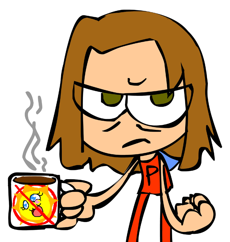 Grumpy cartoon character with glasses holding a steaming mug featuring a crossed-out sun emoji.