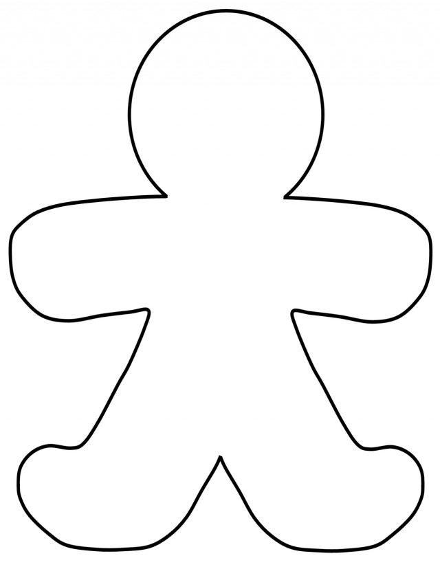 Simple black outline of a gingerbread man figure on white background, suitable for coloring or crafting.