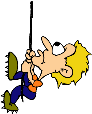 Cartoon boy with spiky yellow hair climbing a black rope, wearing blue outfit and green spiked shoes.