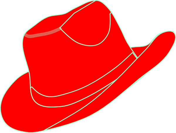 Bright red illustrated cowboy hat with wide brim and creased crown, outlined in light teal.