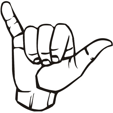 Black-and-white line drawing of a hand making the "shaka" or "hang loose" gesture with thumb and pinky extended.