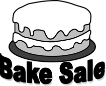 Black-and-white illustration of a two-layer frosted cake on a plate with "Bake Sale" text below.