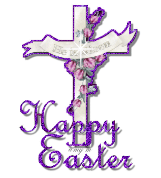 Purple glittery Easter cross with pink roses and "He Is Risen" banner, plus "Happy Easter" text.
