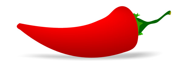 Vibrant red chili pepper with green stem, glossy surface, and subtle shadow on white background.