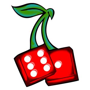 Two red dice with white pips attached to green cherry stems and leaves, forming a playful gambling-themed icon.