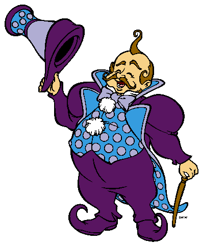 A jovial, rotund cartoon character in purple and blue polka-dot attire tipping a matching hat with a cane in hand.