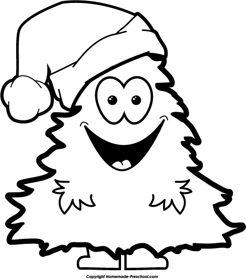 Cheerful cartoon Christmas tree character wearing a Santa hat and smiling broadly.