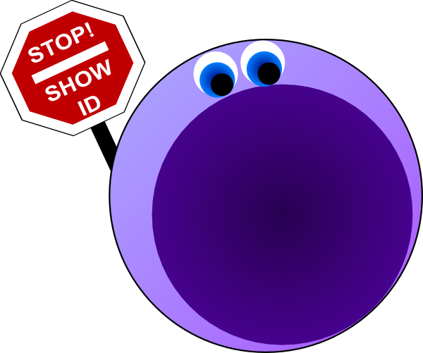 A cartoon purple character with large blue eyes holds a red octagonal sign reading "STOP! SHOW ID".
