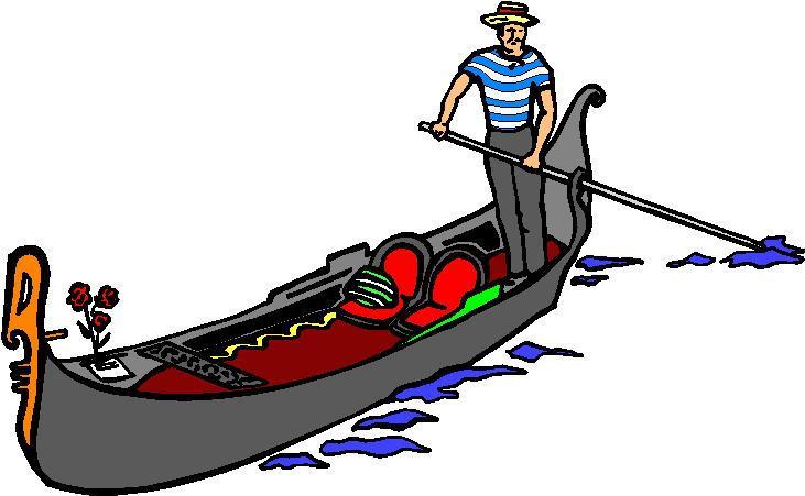 Gondolier in striped shirt rows a classic Venetian gondola with red seats and floral decoration.