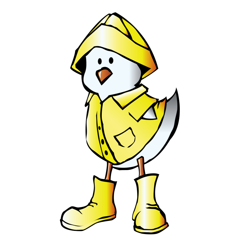 Cheerful yellow chick wearing a raincoat and boots, holding an umbrella, in a cartoon style.