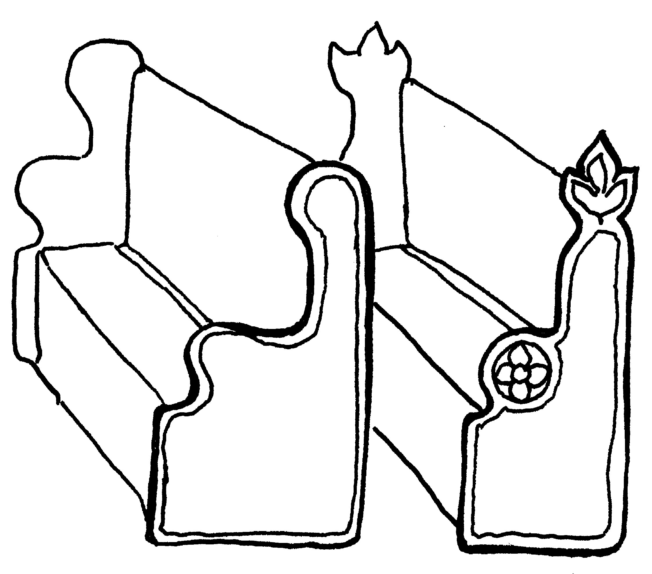Line drawing of two ornate church pews with floral carvings and flame motifs on the ends.