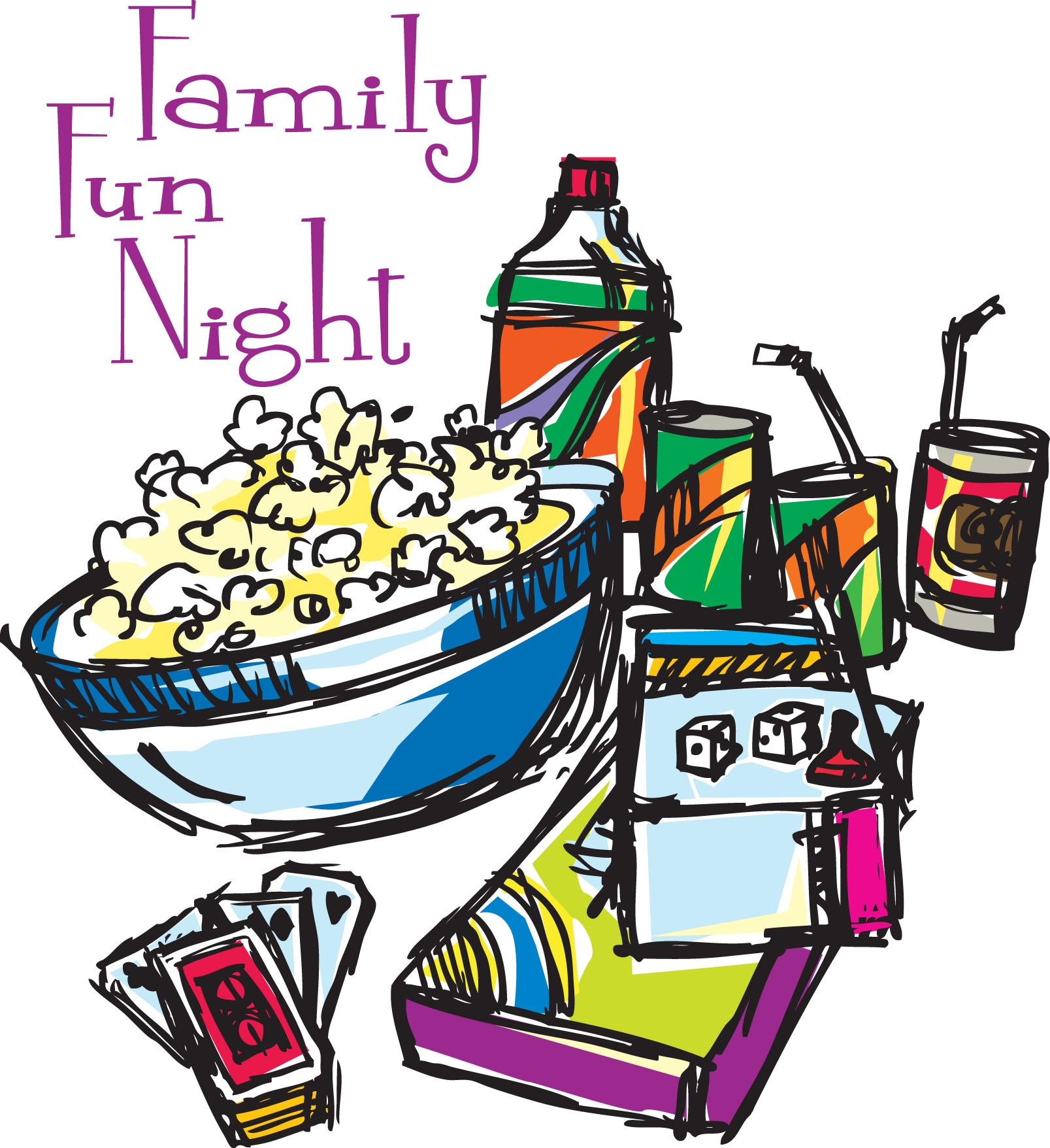Colorful illustration of popcorn, soda, board games, cards, and snacks for a family fun night.