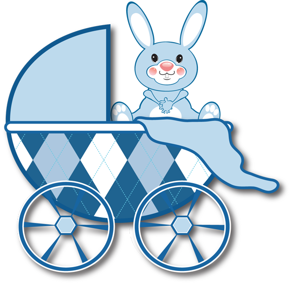 Blue bunny in a vintage-style blue-and-white argyle baby carriage with canopy and wheels.