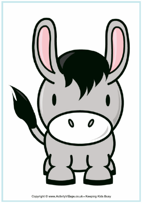 Cute cartoon donkey with pink ears, black mane, and raised tail, sitting front-facing.