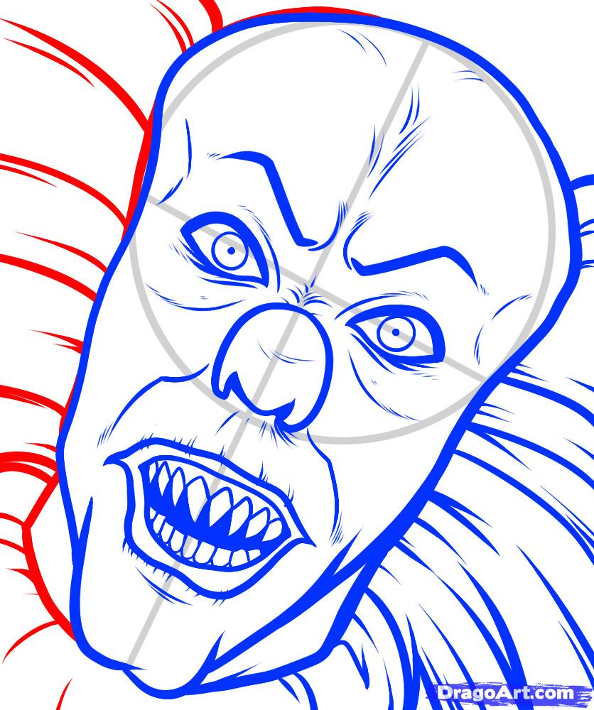 Step-by-step line art drawing of Pennywise the Clown with exaggerated features, red hair, and menacing grin.