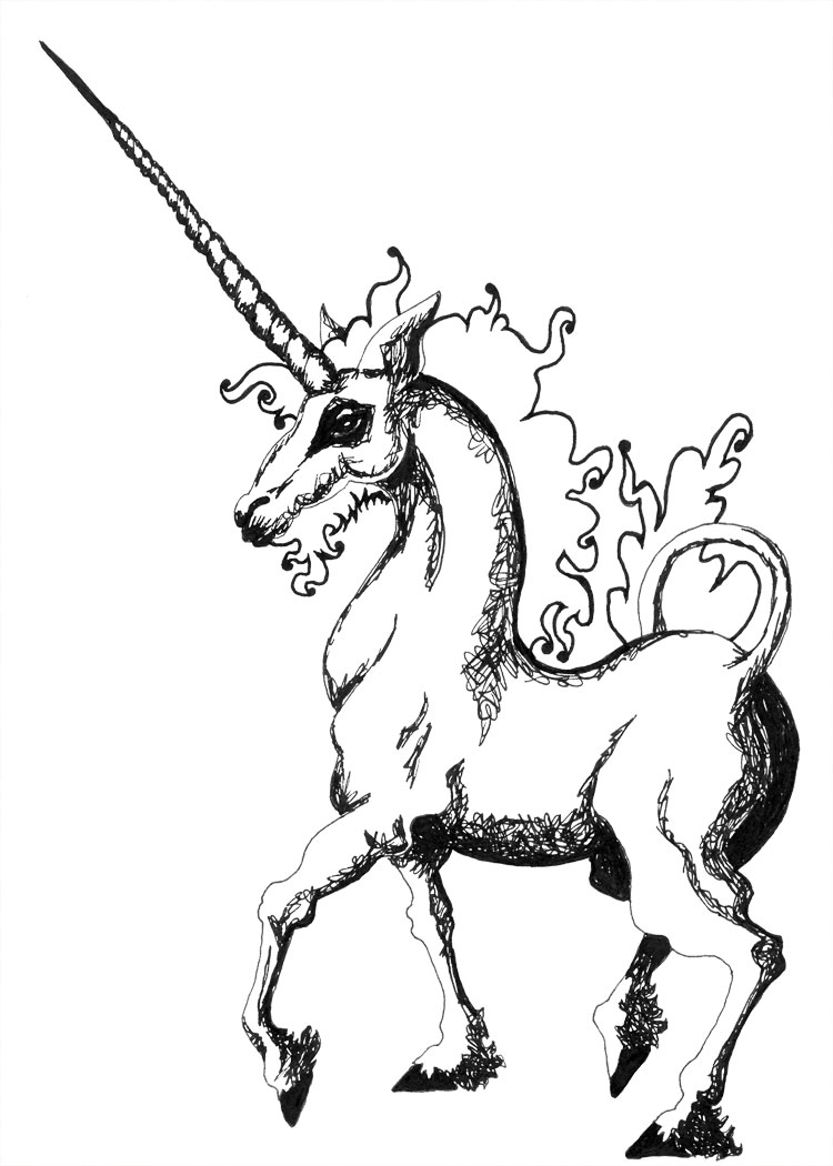 A stylized black-and-white ink drawing of a majestic unicorn with ornate flowing mane, spiraled horn, and decorative flourishes.
