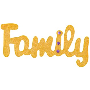 Glittery golden cursive word "Family" with three purple gem embellishments on the letter 'i'.