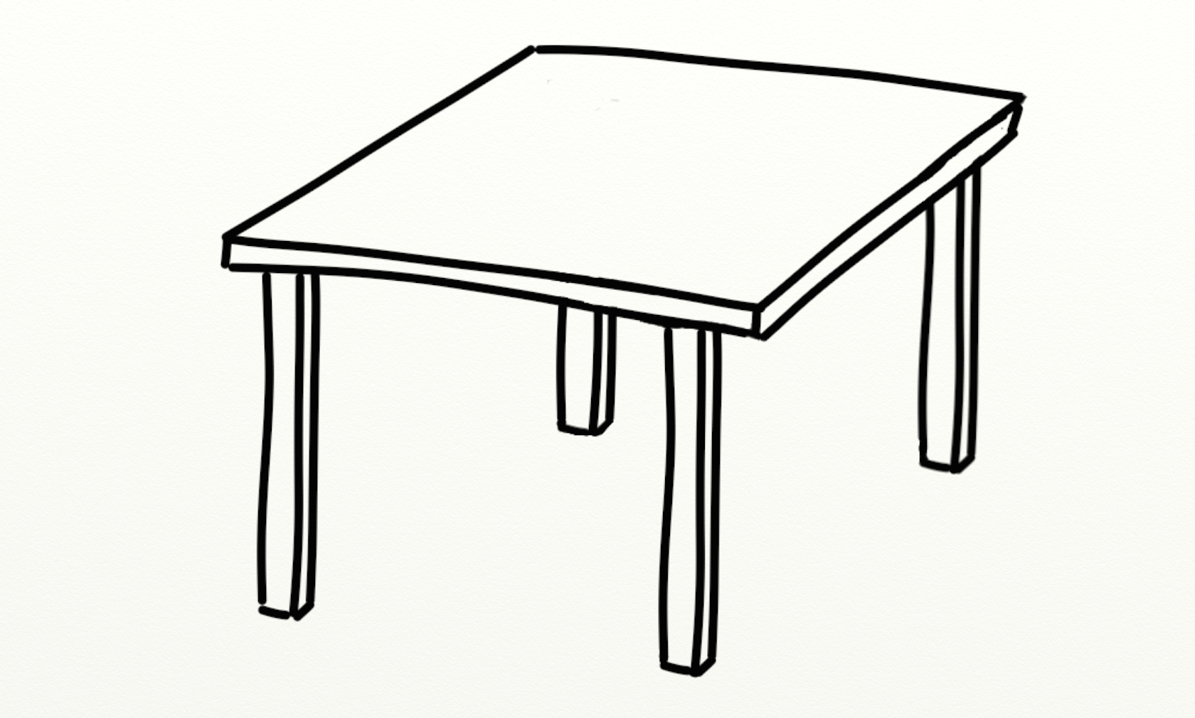 Simple line drawing of a square table with four legs, viewed from an angle.
