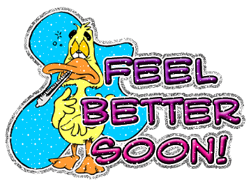 A cartoon yellow duck wrapped in a blue polka-dot blanket holding a thermometer, with "FEEL BETTER SOON!" text.