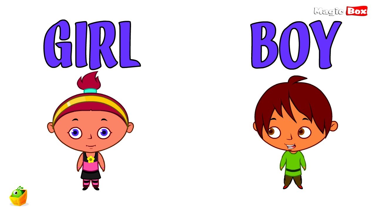 Cartoon girl and boy characters labeled "GIRL" and "BOY" for early learning, with colorful outfits and cheerful expressions.