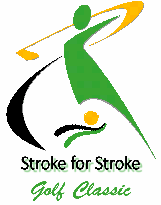 Stylized logo of a golfer swinging, with green, yellow, and black elements, for the "Stroke for Stroke Golf Classic" event.