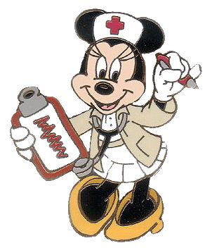 Minnie Mouse dressed as a nurse holding a medical bottle and syringe, smiling cheerfully.